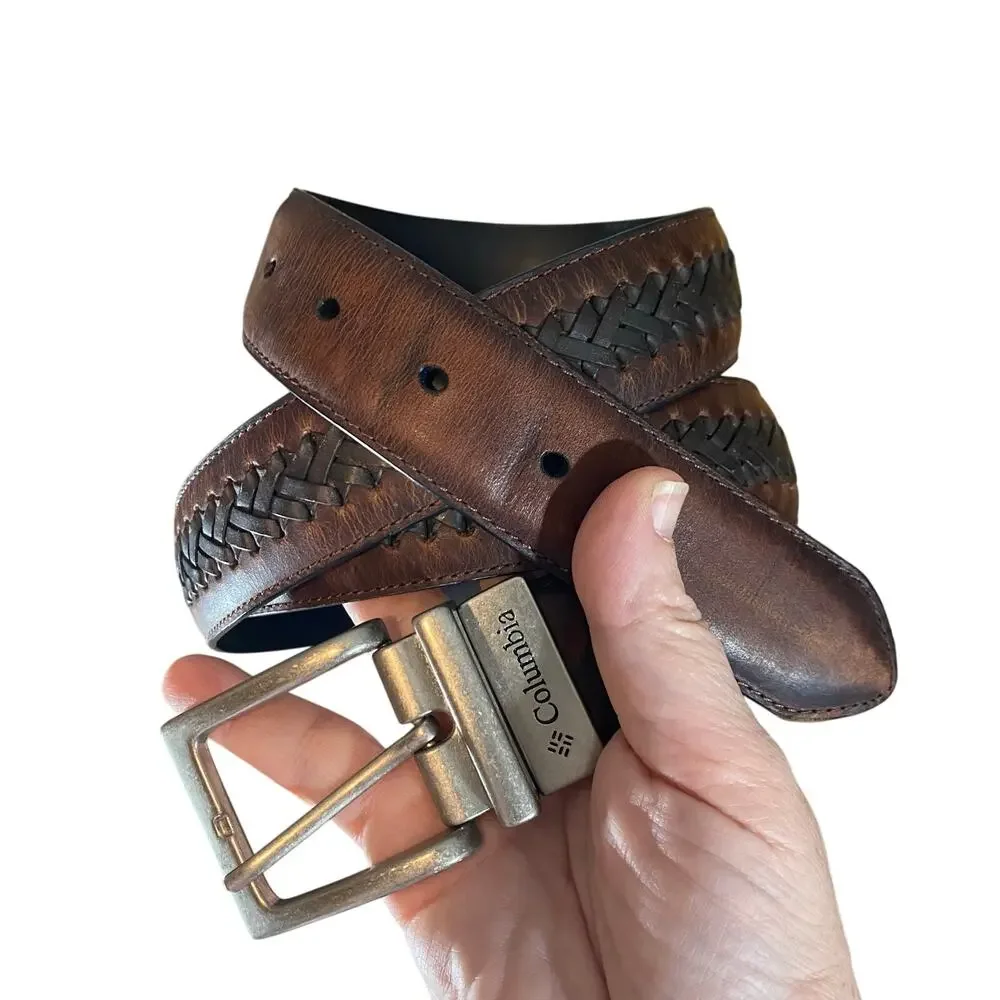 Columbia Brown Black Woven Leather Belt Antique Silver Buckle Men’s 44/110
